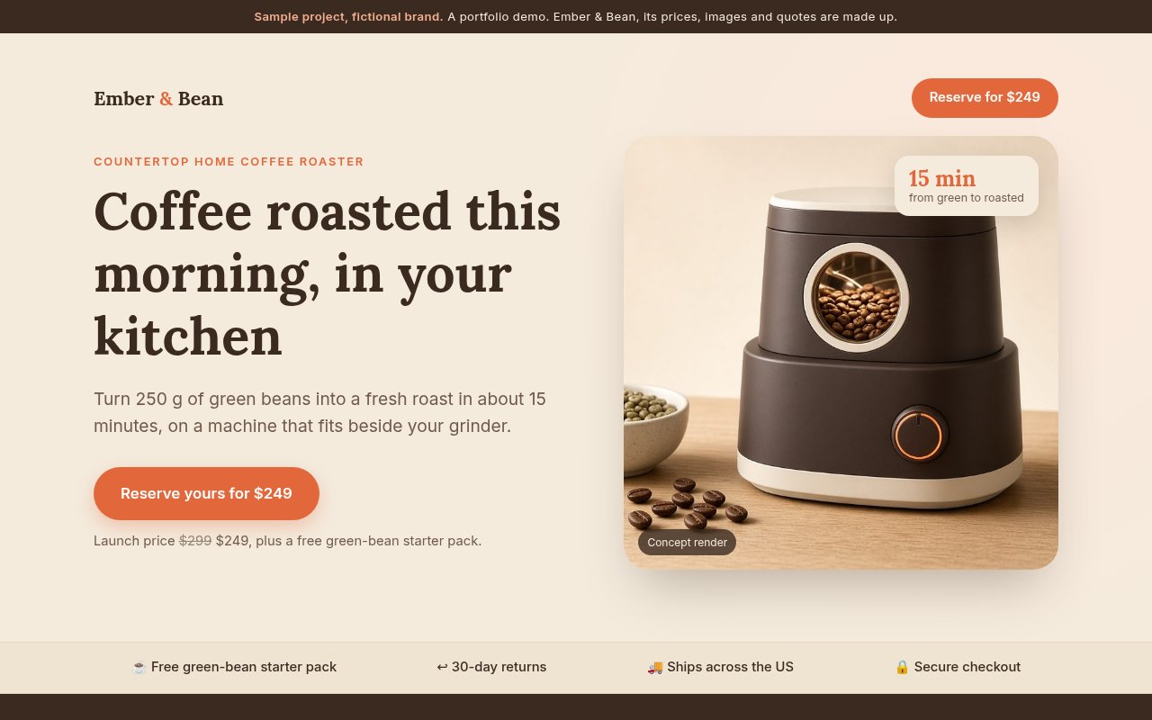 Ember & Bean sample landing page (opens the live demo in a new tab)