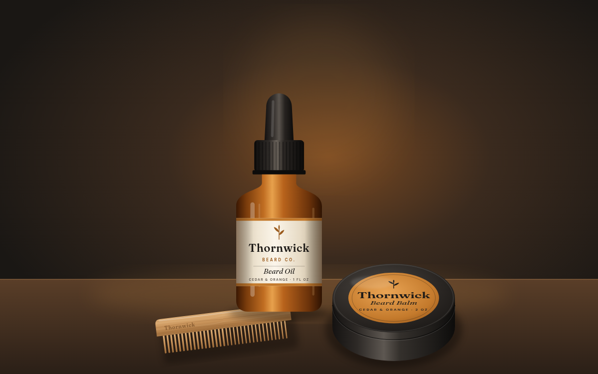 Thornwick Starter Kit: beard oil, balm and comb (concept render)