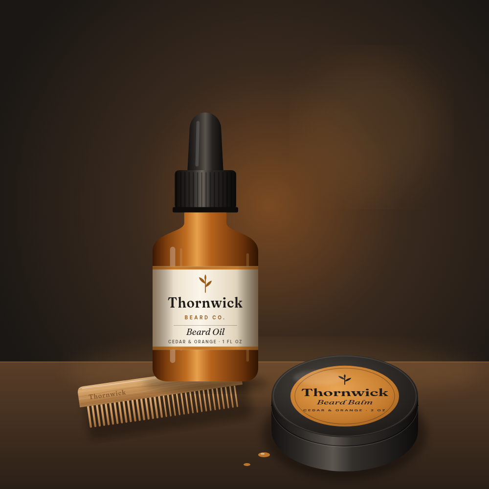 Thornwick beard oil bottle, balm tin and pearwood comb on a wooden table (concept render)