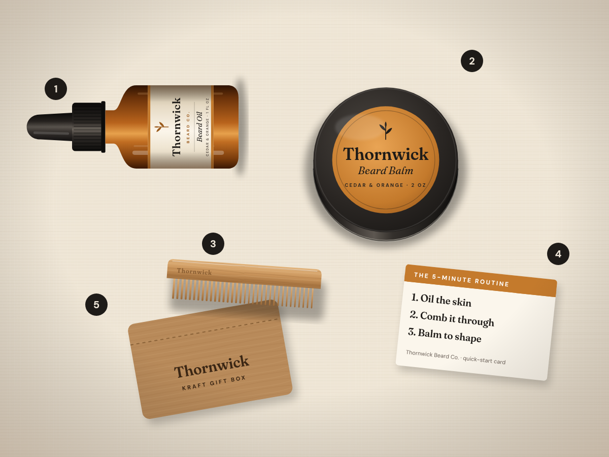 Flat lay of the Thornwick Starter Kit contents, numbered 1 to 5 (concept render)