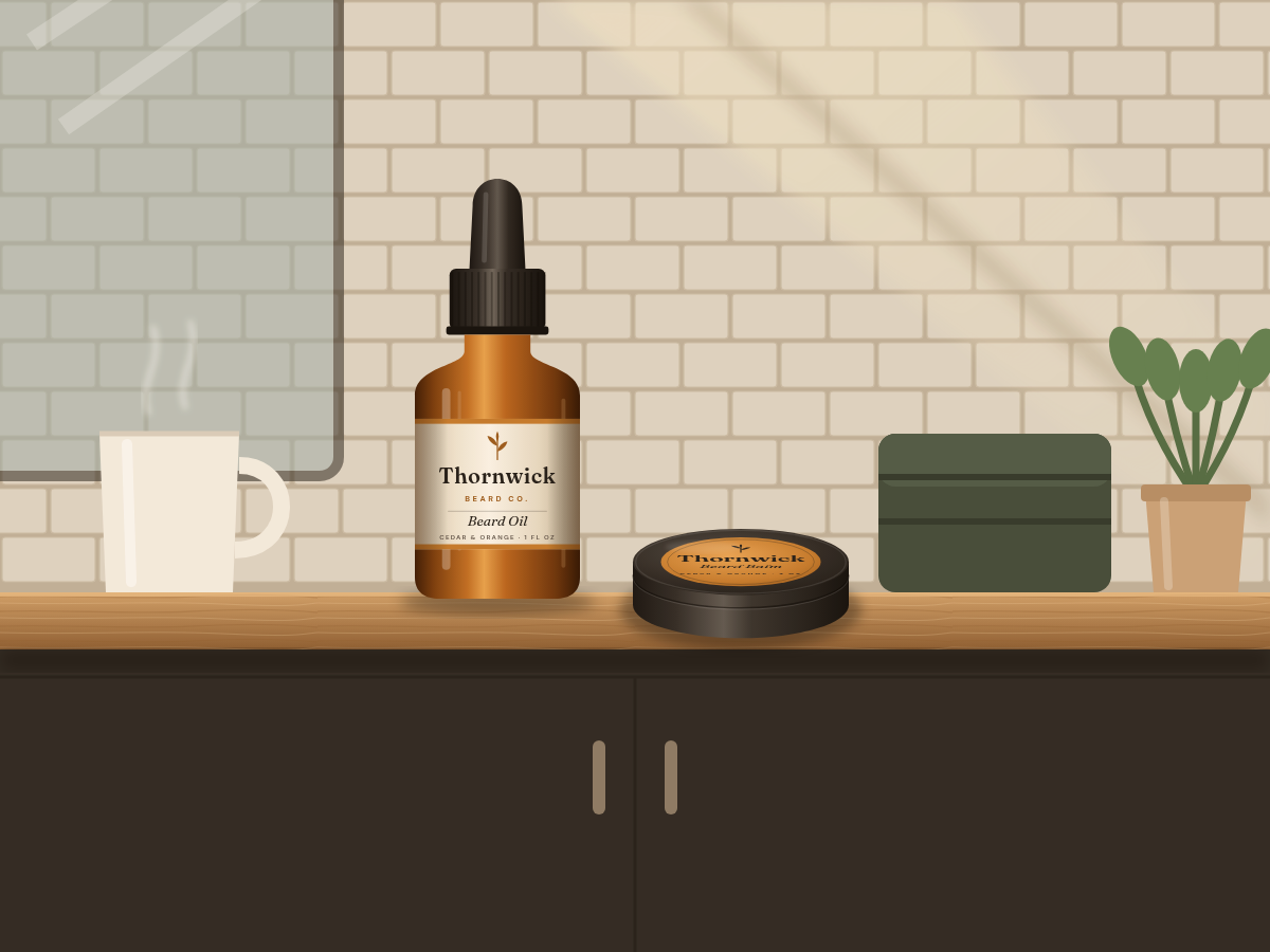 Thornwick beard oil and balm on a bathroom shelf in morning light, next to a coffee mug and a folded towel (concept render)