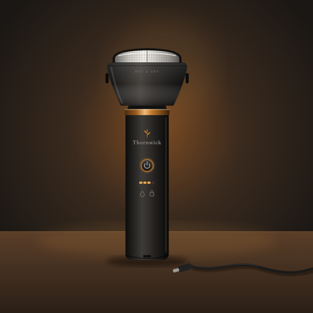 Thornwick Foil Shaver standing upright on a wooden table, matte charcoal with an amber ring and a T-shaped foil head (concept render)